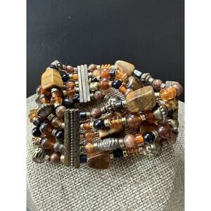 Glass Bead Gemstone Beaded Bracelet Tigers Eye Multi Strand Magnetic Clasp Boho